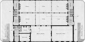 Blueprint technical drawing of room floor plan with dimensions and layout